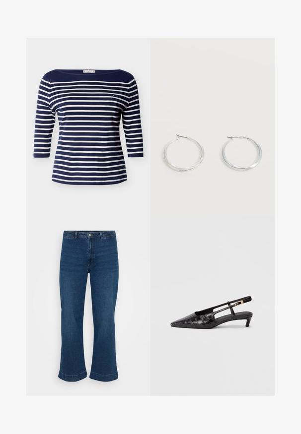 T-shirt bleu marine et blanc à rayures horizontales avec encolure bateau, manches trois-quarts et petit logo sur la poitrine.; Jean bleu taille haute avec une jambe droite et un ourlet évasé, en denim. Présente un design classique à cinq poches et une fermeture à bouton en métal.; Chaussure noire en cuir à bout pointu, type slingback, avec une texture crocodile, petit talon empilée et une sangle ajustable avec détail de boucle métallique.; Boucles d’oreilles créoles en métal argenté avec une surface lisse légèrement incurvée et des fermoirs à clapet sur un fond blanc uni.