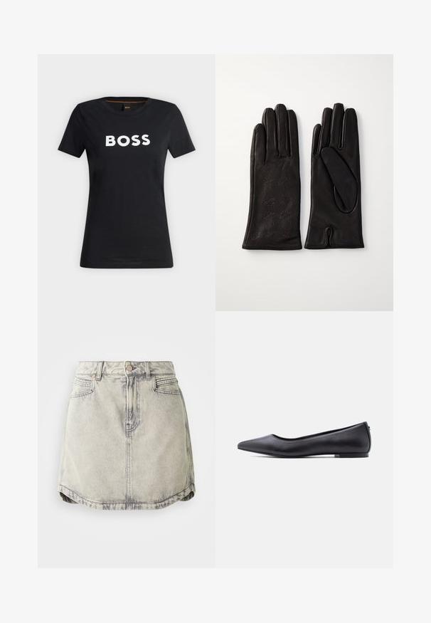 T-shirt noir à manches courtes avec col rond et "BOSS" imprimé en grandes lettres blanches sur la poitrine.; Jupe en denim gris clair avec une texture délavée, dotée d'une taille à boutons, de poches avant et d'une ourlet légèrement courbé.; Chaussure plate en cuir noire à bout pointu avec petit talon, vue de profil sur fond blanc.; JOOP! GLOVES - Gants - black