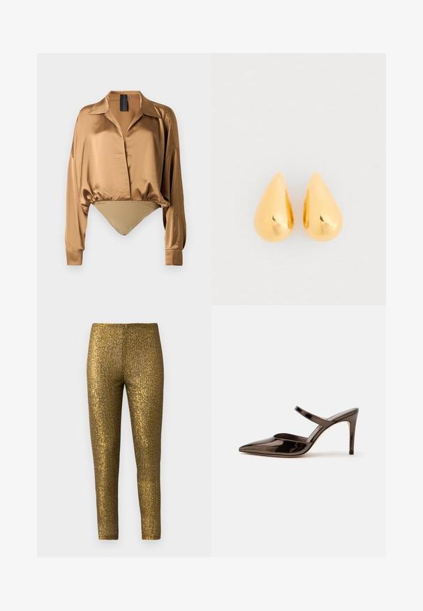 Bronzen satijnen blouse met een kraag, lange mouwen en een aansluitend bodysuit-achtig onderstuk. Gladde textuur en subtiele glans.; Gouden metallic legging met een getextureerd, verticaal streep patroon. De stof heeft een glanzende afwerking en een slanke, aansluitende pasvorm.; G glanzende donkerbruine mule met spitsen neus en hoge hak met een smalle band over de wreef op een effen witte achtergrond.; Gouden druppelvormige oorbellen met een gladde, gepolijste oppervlakte en ronde onderkanten, die het licht weerkaatsen met een glanzende afwerking.