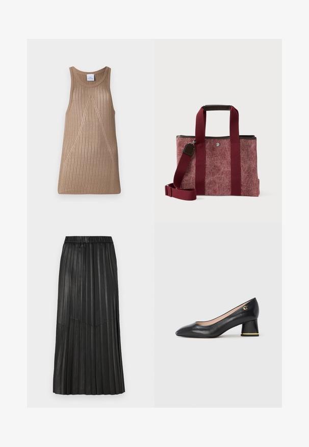 Débardeur en tricot beige sans manches avec une texture côtelée, présentant une forme en A et des détails de couture diagonale subtils.; Jupe plissée noire en matériau synthétique avec une taille élastique et des plis verticaux, présentant un détail de couture en V à l'avant.; Escarpin en cuir noir avec un bout pointu, un talon bloc arrondi orné d'accent doré et une texture lisse. Intérieur doublé. Design simple.; Sac cabas en tissu rouge avec une finition texturée, accents en cuir marron foncé, double poignées et une bandoulière détachable. Fermeture zippée sur le dessus.