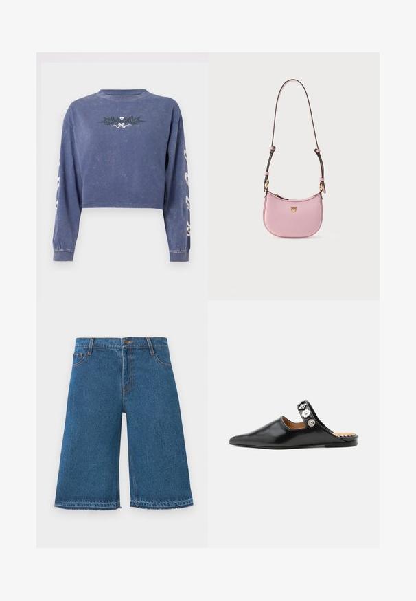 Korte languit sweatshirt in donkerblauw, gemaakt van zachte stof, met een grafisch ontwerp op de borst en witte accenten op de mouwen.; Blauwe denim knielange shorts met rafelige zomen, knop aan de voorkant en zakken op een effen witte achtergrond.; Zwarte puntige leren mule met lage hak en decoratieve zilveren bloemknopen op een bovenste band.; Roze leren schoudertas met een gebogen vorm, gouden accenten en een zwart hengsel. Heeft een klein logo aan de voorkant.
