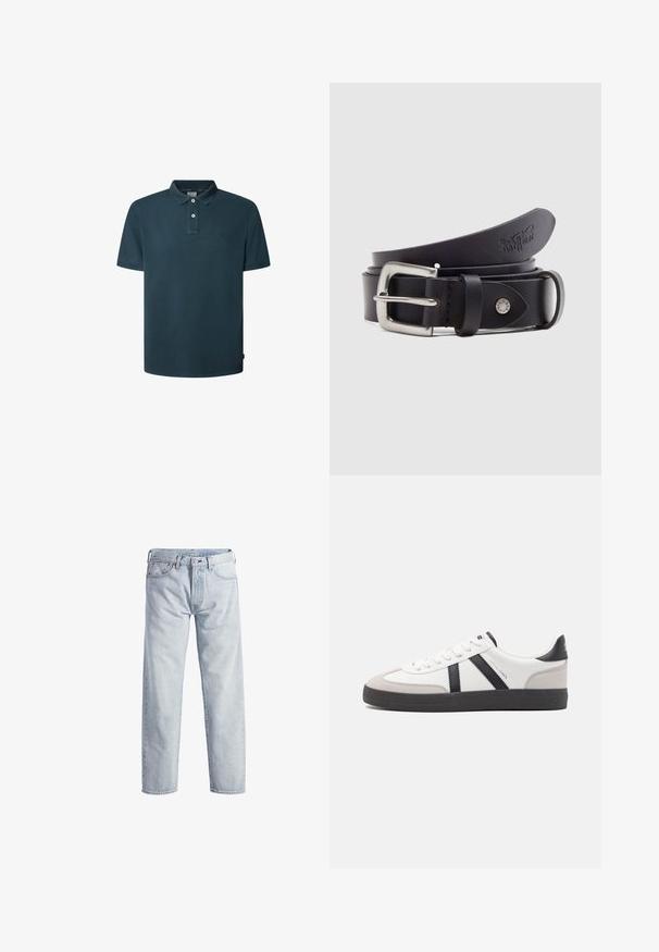 Dunkelgrünes Poloshirt mit kurzen Ärmeln, zwei weißen Knöpfen und einem kleinen gestickten Logo auf der linken Brust.; Hellblaue Denim-Jeans mit geradem Bein, Knopfleiste, fünf Taschen und subtilen Verwaschungen. Mit metallischen Hardware-Details ausgestattet.; Weiße Sneaker mit schwarz- und grau-aczenten, ausgestattet mit einer strukturierten grauen Zehenkappe, schwarzer Gummi-Sohle und flachen weißen Schnürsenkeln. Sauberes Design, minimalistische Stil.; Schwarzer Ledergürtel mit silberner Metallschnalle, einem Druckknopf zur Verstellung und geprägtem Muster auf dem Leder. Gleichmäßige, glatte Textur.