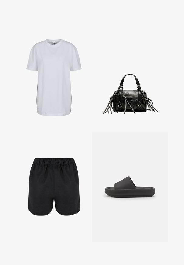 Enkel hvid T-shirt med korte ærmer og rund hals, med en lige kant forneden og et lille synligt mærke inde i kraven.; Sorte shorts med elastisk talje. Blødt stof, enkelt design og let afrundet kant nederst. Ingen synlige mønstre eller logoer.; Sort slide-sandal med en glat overflade og åben design, der har en bred rem og en lav, let formet sål.; Sort læderhandtaske med flettede håndtag, tekstureret overflade, lynlåslomme foran og dekorative frynse-accenter. Kompakt og struktureret form.
