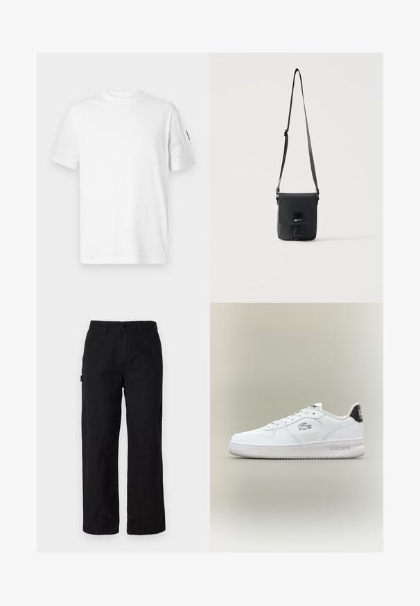 Camiseta básica blanca de algodón con mangas cortas y cuello redondo, mostrada sobre un fondo gris claro.; Pantalones cargo de algodón negros con un diseño de pierna recta, que cuentan con bolsillos laterales y un cierre frontal con botón. Tela duradera con una textura suave.; Zapatilla blanca de cuero con una caja de toe texturizada, diseño de cordones y suela de goma. Presenta un acento negro en el talón y la marca Lacoste.; Bolso bandolera de piel negra con correa ajustable, cierre de solapa y pequeña placa metálica con logo en la parte frontal.
