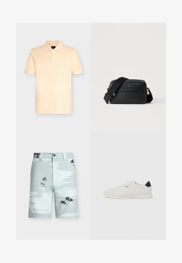 Polo beige à manches courtes avec une patte de boutonnage à deux boutons et un petit logo brodé sur la poitrine gauche.; Shorts bleu clair avec motifs de palmiers noirs et fleurs blanches, bouton à l'avant et passants de ceinture, présentés sur un fond uni.; Baskets blanches basses avec languette de talon noire, lacets blancs et logo "BOSS" sur le côté, présentées sur un fond clair uni.; Sac bandoulière en cuir noir texturé avec poche avant zippée et bandoulière large en tissu réglable sur fond blanc.