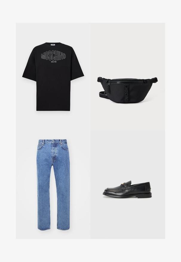 T-shirt en coton noir avec un grand logo "MOSCHINO" en contour blanc, "SINCE 1983" en dessous, manches courtes et coupe décontractée.; Won Hundred STEVE - Jean boyfriend - cut blue; Des mocassins en cuir noir présentent un bout arrondi, des détails cousus et un petit accent doré à l'avant. La semelle est plate et discrète.; Sac banane noir Moschino avec fermeture éclair frontale et sangle ajustable sur un fond uni clair.