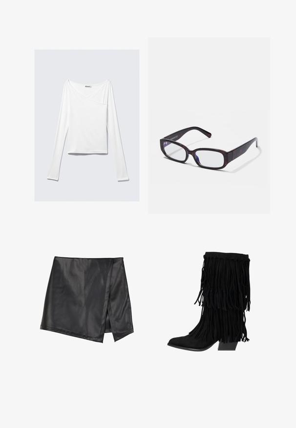 Top blanco de manga larga con diseño cruzado y un bolsillo. Fabricado en una tela suave y elástica. Con un corte casual y relajado.; Even&Odd by Zalando Minifalda - black; Bota de ante negra hasta el tobillo con tacón apilado y detalle de flecos en capas que cubre la caña.; Gafas rectangulares de carey marrón con lentes transparentes y patillas elegantes, que muestran una textura suave y un diseño minimalista.