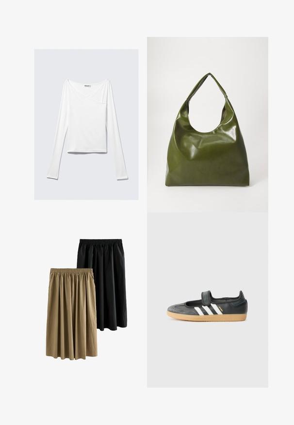 Haut blanc à manches longues avec un design croisé et une poche. Fabriqué dans un tissu lisse et extensible. Coupé dans une coupe décontractée et ample.; Deux jupes longueur genou : une noire et une kaki. Les deux présentent une taille élastique et un design fluide avec un tissu doux et texturé.; Sneaker en cuir noir et suède avec une sangle Velcro, arborant trois bandes blanches et une semelle en caoutchouc, étiqueté "SAMBA" sur le côté.; Sac hobo en cuir vert au design décontracté, avec une poignée incurvée et une texture lisse. Ne contient aucun matériel ou accent visible.