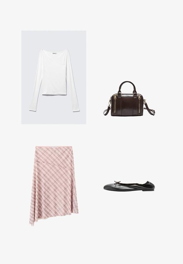 Haut blanc à manches longues avec un design croisé et une poche. Fabriqué dans un tissu lisse et extensible. Coupé dans une coupe décontractée et ample.; Jupe asymétrique rose à carreaux avec motif à carreaux diagonal et petite étiquette de marque à la taille sur fond blanc.; Ballerine en cuir noir avec un petit nœud à l'avant et une couture arrière légèrement froncée, vue de profil sur fond blanc.; Sac à main en cuir marron foncé avec deux zips dorés à l'avant, deux poignées et une bandoulière amovible.