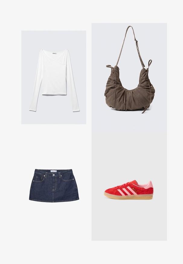 Haut blanc à manches longues avec un design croisé et une poche. Fabriqué dans un tissu lisse et extensible. Coupé dans une coupe décontractée et ample.; Minijupe en denim bleu foncé avec bouton sur le devant, poches, passants de ceinture et coutures orange visibles sur fond blanc.; Baskets en daim rouge avec des accents roses et trois bandes blanches ; semelle en caoutchouc naturel ; texte brodé sur le côté et le talon. Design athlétique classique.; Sac à épaule en daim marron avec des détails froncés, une bandoulière réglable et des liens décoratifs sur les côtés, présenté sur un fond neutre.