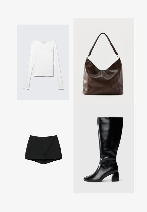 Haut blanc à manches longues avec un design croisé et une poche. Fabriqué dans un tissu lisse et extensible. Coupé dans une coupe décontractée et ample.; Shorts noirs taille haute avec passants de ceinture, fermeture à bouton et zip caché, conçus avec un ourlet légèrement courbé.; Botte en cuir noire hauteur genou avec un talon carré et une pointe légèrement pointue, présentée de côté sur un fond neutre.; Sac à bandoulière en cuir brun foncé avec une poignée tressée et des coutures apparentes sur le devant.