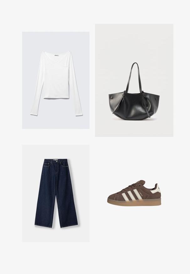 Weißes Langarmoberteil mit einem Überlappungsdesign und einer Tasche. Hergestellt aus einem glatten, elastischen Material. In einem lässigen, entspannten Schnitt.; Dunkelblaue Jeans mit weitem Bein, vorderer Knopf- und Reißverschluss, vorderen Taschen und Gürtelschlaufen, flach auf weißem Hintergrund ausgelegt.; Braune Wildleder-Sneaker mit weißen Lederakzenten und drei weißen Streifen. Verfügt über eine runde Zehenform und eine Sohle aus Gummigerbstoff. Logo an der Seite.; Schwarze Lederschultertasche mit zwei langen Griffen, einer weichen, abgerundeten Form und Knopfdetails auf jeder Seite.