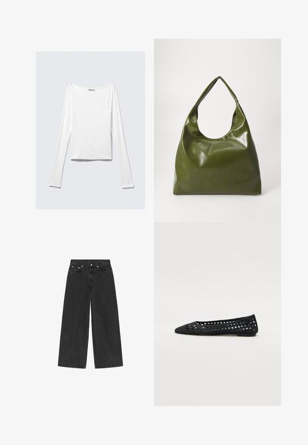 Haut blanc à manches longues avec un design croisé et une poche. Fabriqué dans un tissu lisse et extensible. Coupé dans une coupe décontractée et ample.; Jean noir à jambes larges avec cinq poches, fermeture à bouton et passants pour ceinture, présenté à plat sur un fond blanc.; Ballerine en crochet noire avec un bout pointu, présentant un design en mailles ouvertes et une semelle plate.; Sac hobo en cuir vert au design décontracté, avec une poignée incurvée et une texture lisse. Ne contient aucun matériel ou accent visible.