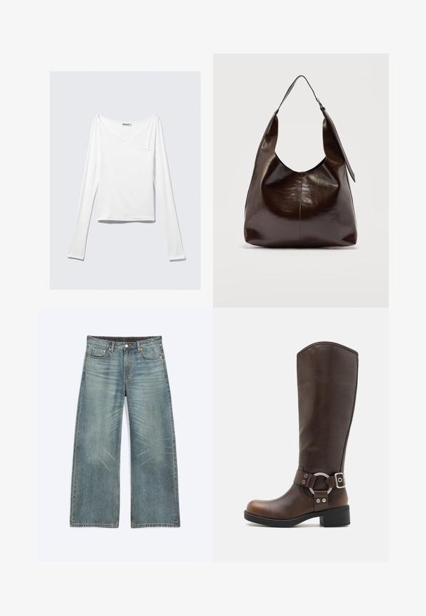 Haut blanc à manches longues avec un design croisé et une poche. Fabriqué dans un tissu lisse et extensible. Coupé dans une coupe décontractée et ample.; Jean bleu à jambes larges avec poches avant, passants de ceinture, fermeture par boutons et détails subtils d’usure sur les cuisses et les genoux.; Botte en cuir marron hauteur genou avec un accent en métal rond et une boucle. Tige légèrement texturée, talon empilé et design à bout rond.; Sac à bandoulière en cuir marron foncé brillant avec une seule large sangle et un détail de boucle sur un côté, posé sur un fond clair uni.
