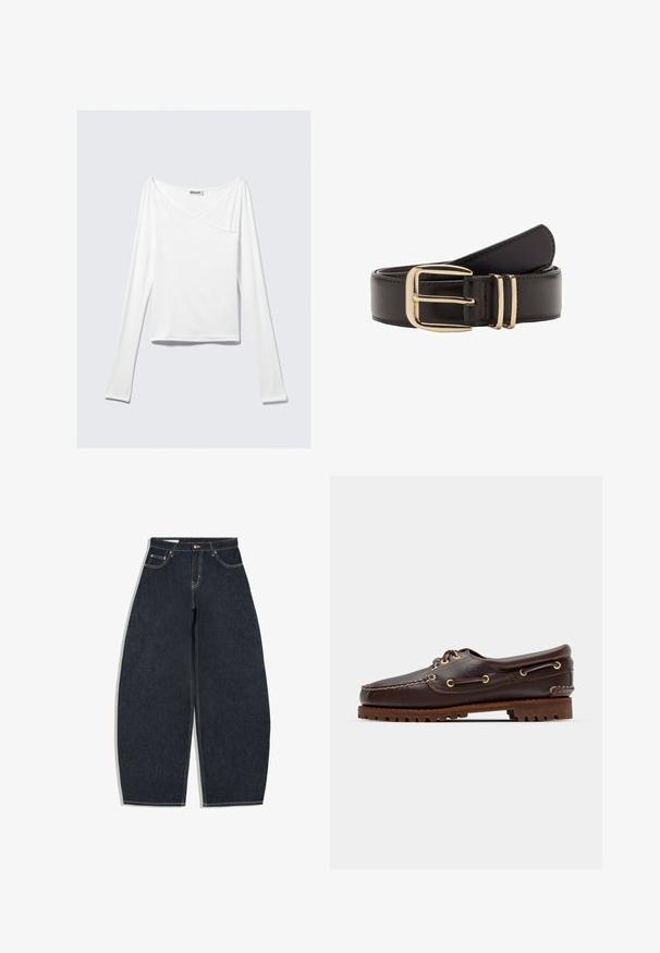 Haut blanc à manches longues avec un design croisé et une poche. Fabriqué dans un tissu lisse et extensible. Coupé dans une coupe décontractée et ample.; Jean denim bleu foncé à jambes larges, taille haute, bouton à l'avant, fermeture éclair et design à cinq poches sur fond blanc.; Bateau en cuir marron avec des œillets dorés, des lacets ronds et une semelle en caoutchouc marron texturée. Présente des détails de couture et un logo en relief.; Ceinture en cuir noir avec une boucle en métal doré à deux pattes, texture lisse et couture nette le long des bords.