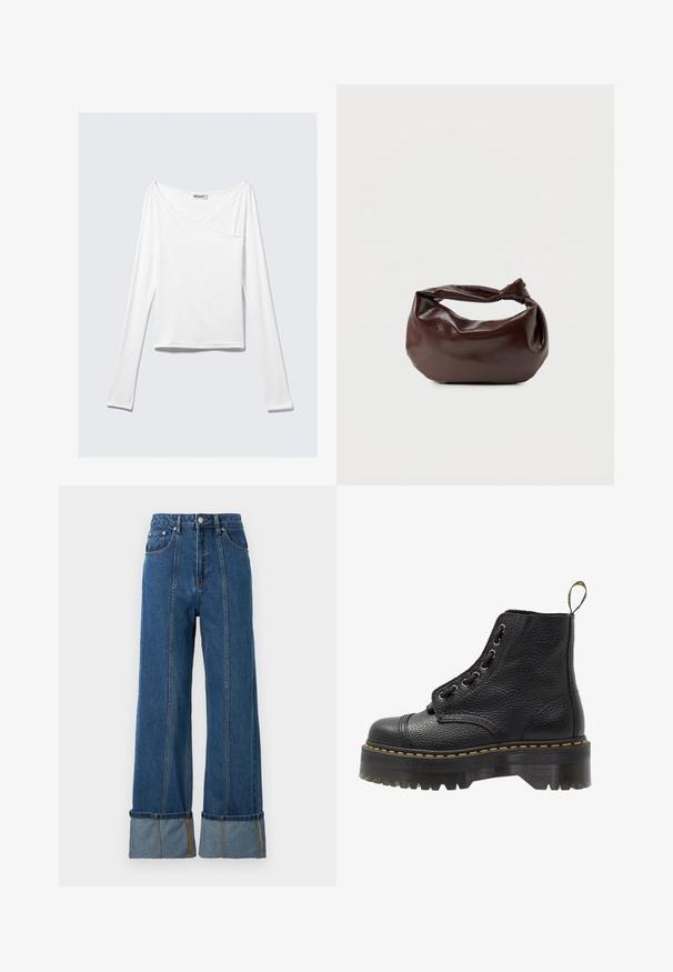 Haut blanc à manches longues avec un design croisé et une poche. Fabriqué dans un tissu lisse et extensible. Coupé dans une coupe décontractée et ample.; Jean bleu taille haute avec une coupe pantalon large, comprenant des revers en denim contrastant, des coutures visibles et des poches avant.; Bottines en cuir noir avec surface texturée, bout arrondi, lacets, coutures jaunes et une épaisse semelle noire crantée.; Sac bandoulière en cuir marron foncé avec une forme souple et décontractée et une anse nouée torsadée sur un fond blanc uni.