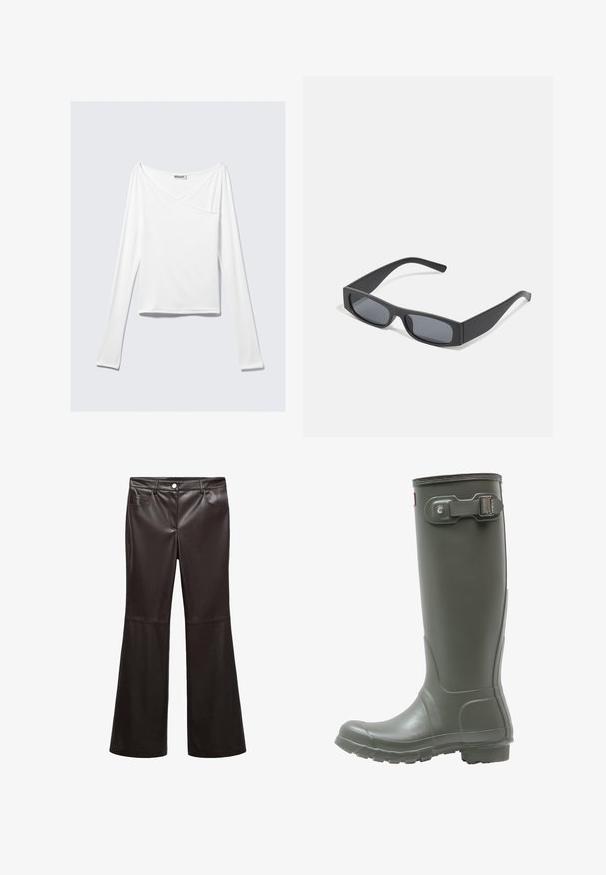 Weißes Langarmoberteil mit einem Überlappungsdesign und einer Tasche. Hergestellt aus einem glatten, elastischen Material. In einem lässigen, entspannten Schnitt.; Schwarze ausgestellte Hosen aus glattem Kunstleder, mit Vordertaschen, Reißverschluss und silbernem Knopf. Betonte Nähte.; Grüne Gummiregenstiefel bis zum Knie mit strukturiertem Sohlenprofil, runder Zehenform, verstellbarem Schnallenverschluss an der Seite und glatter Oberfläche.; Schwarze rechteckige Sonnenbrillen mit dunklen Gläsern und dicken matten Rahmen. Die Bügel sind leicht verjüngt und haben eine glatte Oberfläche.