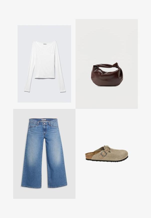 Top blanco de manga larga con diseño cruzado y un bolsillo. Fabricado en una tela suave y elástica. Con un corte casual y relajado.; Jeans de tiro alto de una tela de mezclilla azul claro y de pierna ancha, con el clásico diseño de cinco bolsillos y un sutil desgastado a lo largo de las piernas.; Zuecos de ante beige con punta redondeada, correa ajustable y hebilla, media suela de corcho y suela de goma negra texturizada para mayor tracción.; Bolso de hombro de cuero marrón oscuro con una forma suave y caída, y un asa con nudo torcido sobre un fondo blanco liso.