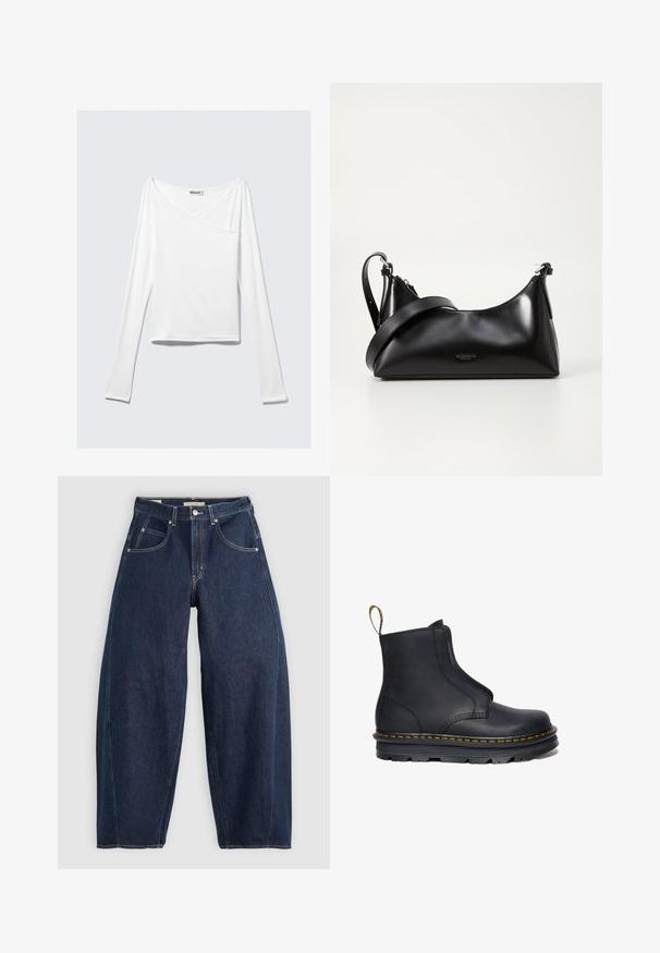 Weißes Langarmoberteil mit einem Überlappungsdesign und einer Tasche. Hergestellt aus einem glatten, elastischen Material. In einem lässigen, entspannten Schnitt.; Dunkelblaue Denim-Jeans mit lockerer Passform, heller Naht, fünf Taschen und einem Knopfverschluss am Bund.; Schwarze Leder-Stiefelette mit elastischen seitlichen Einsätzen, runder Zehenform, kontrastierenden gelben Nähten und einer robusten Gummisohle.; Schwarze lederne Handtasche mit glatter Textur. Verfügt über einen verstellbaren Riemen und ein elegantes, minimalistisches Design mit einem Reißverschluss.