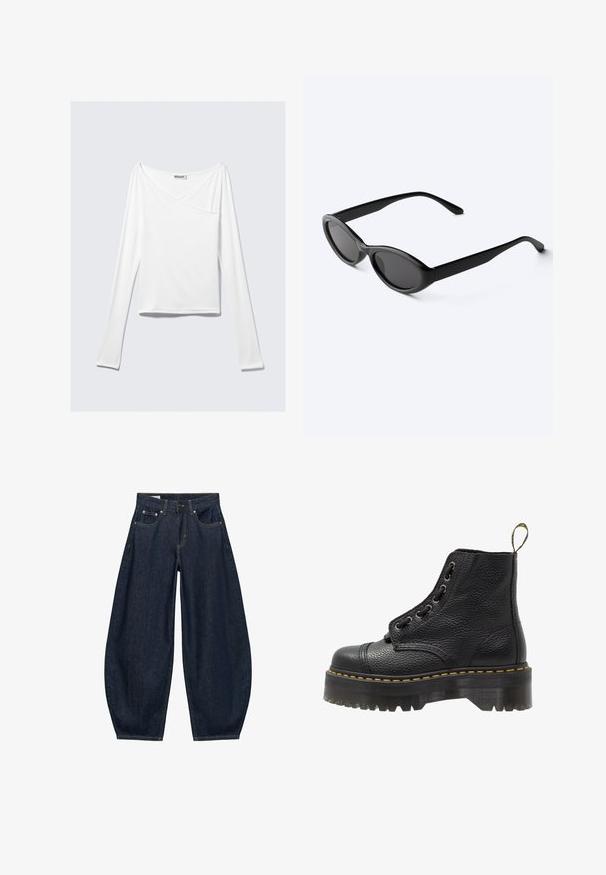 Weißes Langarmoberteil mit einem Überlappungsdesign und einer Tasche. Hergestellt aus einem glatten, elastischen Material. In einem lässigen, entspannten Schnitt.; Dunkelblaue Jeans mit weitem Bein, vorderen Taschen, Gürtelschlaufen und Knopfverschluss in der Taille.; Schwarze Leder-Ankle-Boots mit strukturierten Oberflächen, runder Zehenpartie, Schnürdesign, gelben Nähten und einer dicken, gerippten schwarzen Plateausohle.; Schlanke schwarze ovale Sonnenbrille mit dunklen Gläsern und geraden Bügeln, liegend auf einer weißen Oberfläche.
