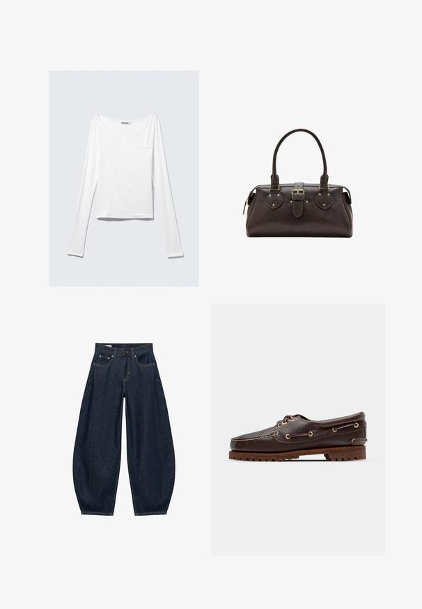 Haut blanc à manches longues avec un design croisé et une poche. Fabriqué dans un tissu lisse et extensible. Coupé dans une coupe décontractée et ample.; Jean en denim bleu foncé à jambes larges avec poches avant, passants de ceinture et fermeture par bouton à la taille.; Bateau en cuir marron avec des œillets dorés, des lacets ronds et une semelle en caoutchouc marron texturée. Présente des détails de couture et un logo en relief.; Sac à main en cuir marron foncé avec deux poignées, une sangle centrale à boucle et des détails en métal doré.