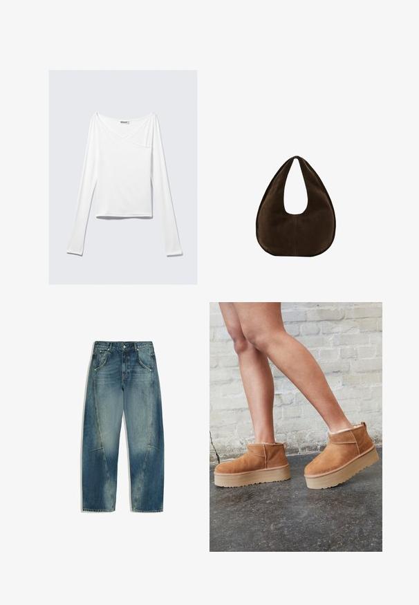 Haut blanc à manches longues avec un design croisé et une poche. Fabriqué dans un tissu lisse et extensible. Coupé dans une coupe décontractée et ample.; Jean en denim bleu avec poches avant, passants de ceinture, fermeture par boutons et détails de coutures visibles sur les jambes, présenté à plat sur fond blanc.; Bottines en suède marron avec une doublure en peluche, semelle épaisse en beige et une poignée à l'arrière. Surface texturée avec des détails de couture visibles.; Sac à main en daim marron foncé en forme de croissant avec une seule sangle large et une texture lisse sur fond blanc.