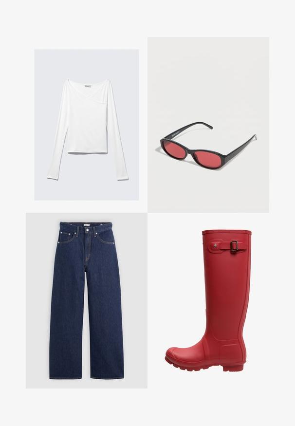 Weißes Langarmoberteil mit einem Überlappungsdesign und einer Tasche. Hergestellt aus einem glatten, elastischen Material. In einem lässigen, entspannten Schnitt.; Dunkelblaue Denim-Hose im weiten Schnitt mit hoher Taille, ausgestattet mit fünf Taschen, Gürtelschlaufen und Kupfernähten. Glatte Textur.; Rote Gummiregenstiefel mit hohem Schaft, runder Spitze, strukturierten Sohle und einer metallischen Schnalle als Akzent an der Seite. Glatte Oberfläche und flexibles Design.; Schwarze ovale Sonnenbrille mit schlanken Bügeln und rot getönten Gläsern, die auf einer weißen Oberfläche liegt.