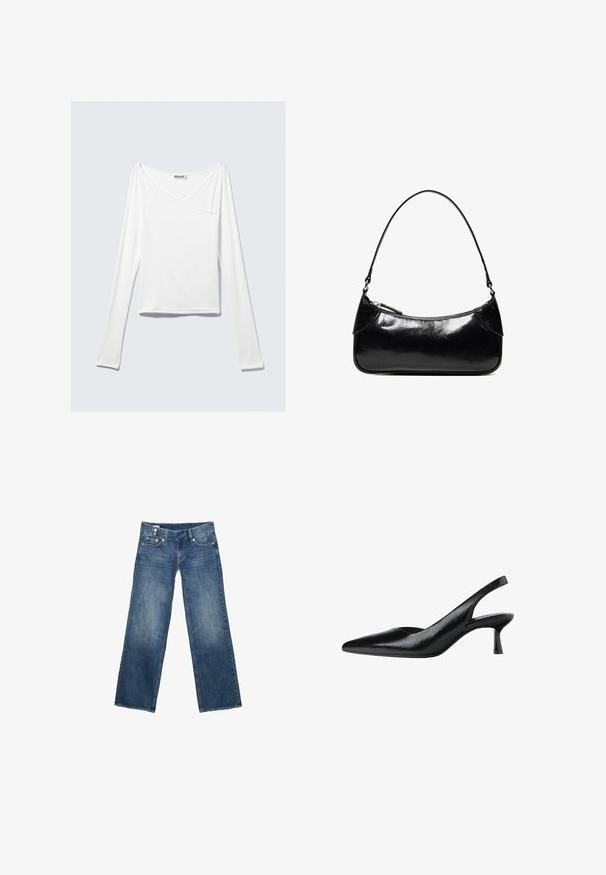 Haut blanc à manches longues avec un design croisé et une poche. Fabriqué dans un tissu lisse et extensible. Coupé dans une coupe décontractée et ample.; Jean en denim bleu avec jambes larges et droites, poches avant et fermeture par boutons, présenté à plat sur un fond blanc.; Bottines noires à talons ouverts avec un bout pointu, fabriquées en matière synthétique texturée, présentant un talon fin et un design ouvert sur le côté.; Sac à épaule en cuir noir brillant avec un seul compartiment zippé et une fine bandoulière arquée.