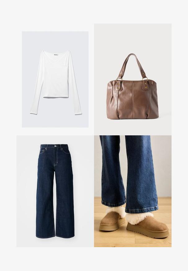 Haut blanc à manches longues avec un design croisé et une poche. Fabriqué dans un tissu lisse et extensible. Coupé dans une coupe décontractée et ample.; Jeans en denim bleu foncé à jambes larges avec des coutures contrastées, un design à cinq poches et une fermeture à bouton à la taille.; Chaussons en daim marron avec un épais revers en fourrure légère, montés sur une semelle plateforme beige, associés à un jean en denim à coupe large.; Sac à main en cuir marron avec deux bandoulières attachées par des anneaux et rivets dorés, présenté sur un fond clair uni.