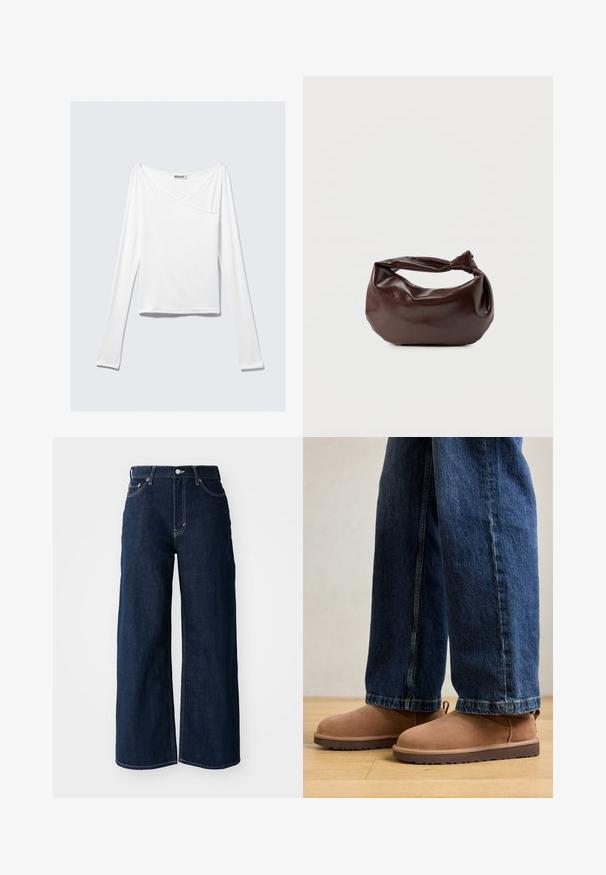 Weißes Langarmoberteil mit einem Überlappungsdesign und einer Tasche. Hergestellt aus einem glatten, elastischen Material. In einem lässigen, entspannten Schnitt.; Weit geschnittene, dunkelblaue Jeans mit kontrastierenden Nähten, fünf Taschen und einem Knopfverschluss an der Taille.; Braune Wildleder Stiefeletten mit flacher Sohle, runder Spitze und einer kleinen Zuglasche, kombiniert mit blauen Jeans im geraden Schnitt.; Dunkelbraune Lederschultertasche mit weicher, lockerer Form und einem gedrehten Knotengriff vor schlichtem weißem Hintergrund.