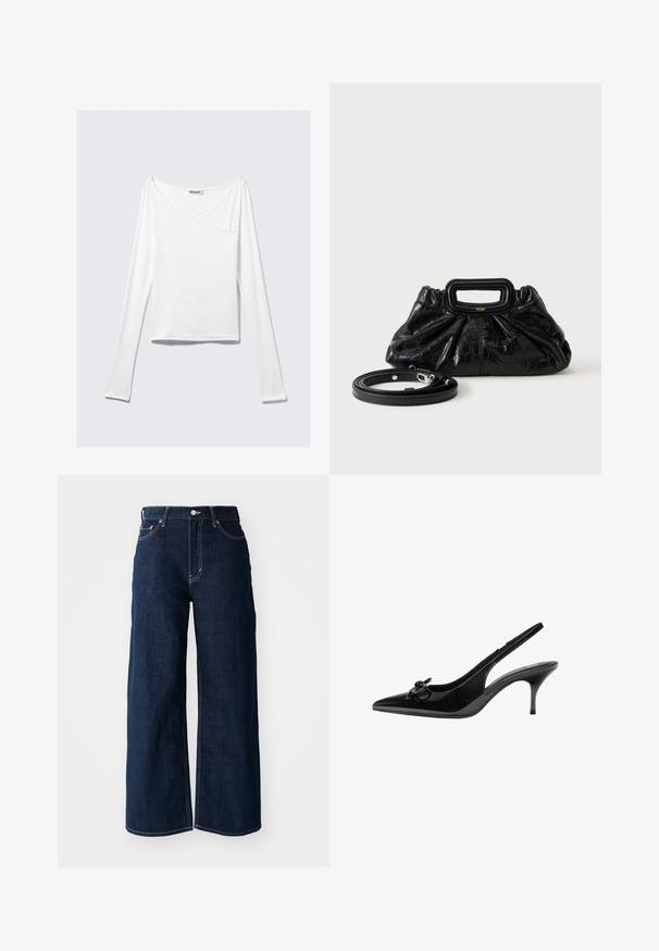 Haut blanc à manches longues avec un design croisé et une poche. Fabriqué dans un tissu lisse et extensible. Coupé dans une coupe décontractée et ample.; Jeans en denim bleu foncé à jambes larges avec des coutures contrastées, un design à cinq poches et une fermeture à bouton à la taille.; Chaussure slingback en cuir verni noir avec un bout pointu, un talon bas et un détail de nœud décoratif sur le côté. Texture lisse sur toute la surface.; Petit sac à main en cuir noir avec texture froncée, poignée rectangulaire et fine bandoulière amovible placée à côté.