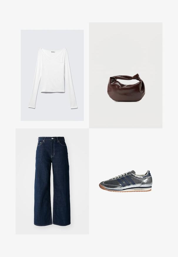 Witte long-sleeve top met een crossover ontwerp en een zak. Gemaakt van een gladde, rekbare stof. Geknipt in een casual, relaxte pasvorm.; Brede pijp donkerblauwe denim jeans met contrasterende stiksels, vijf-pocket ontwerp en een knoopsluiting in de taille.; Zilveren synthetische sneaker met marineblauwe strepen, ronde neus, witte voering en gumzool. Heeft een gestructureerde bovenkant en vetersluiting.; Donkerbruine leren schoudertas met een zachte, slungelige vorm en een gedraaide knoopvormige handgreep op een effen witte achtergrond.