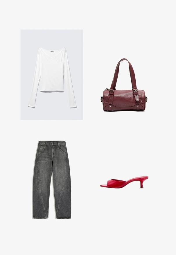 Top alb cu mânecă lungă, cu un design încrucișat și o buzunar. Fabricat dintr-un material neted și elastic. Croială în stil casual, lejer.; Blugi negri din denim spălat, cu talie înaltă, nasture frontal, închidere cu fermoar, buzunare laterale și detalii ale cusăturilor pe fundal deschis.; Pantof roșu tip mule cu vârf deschis, toc mic kitten și finisaj neted, prezentat din lateral pe un fundal alb.; Geantă mică cilindrică din piele bordo cu curele duble pentru umăr și detalii cu cataramă pe părți și în față.