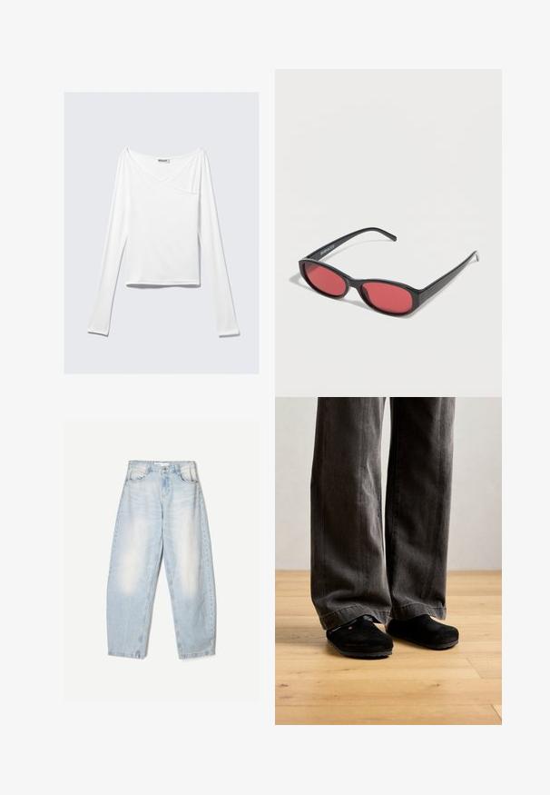 Haut blanc à manches longues avec un design croisé et une poche. Fabriqué dans un tissu lisse et extensible. Coupé dans une coupe décontractée et ample.; Jean en denim bleu clair à coupe décontractée, avec une finition délavée, deux poches avant et une fermeture par bouton au niveau de la taille.; Une personne portant un pantalon gris foncé ample et des chaussures noires sans lacets se tient sur un sol en bois clair contre un mur uni.; Lunettes de soleil ovales noires avec des branches fines et des verres teintés rouges posées sur une surface blanche.