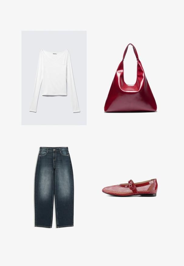 Haut blanc à manches longues avec un design croisé et une poche. Fabriqué dans un tissu lisse et extensible. Coupé dans une coupe décontractée et ample.; Jean bleu foncé à jambes larges avec légère décoloration sur l’avant des cuisses, cinq poches, fermeture par bouton et passants de ceinture, présenté à plat sur fond blanc.; Ballerines en cuir verni rouge avec une superposition en mesh, détail de boucle circulaire sur la sangle, bout pointu et petit talon noir.; Sac à main en cuir laqué rouge de forme triangulaire, avec une large ouverture en haut et une seule anse courbée. Texture lisse avec des détails de couture minimaux.