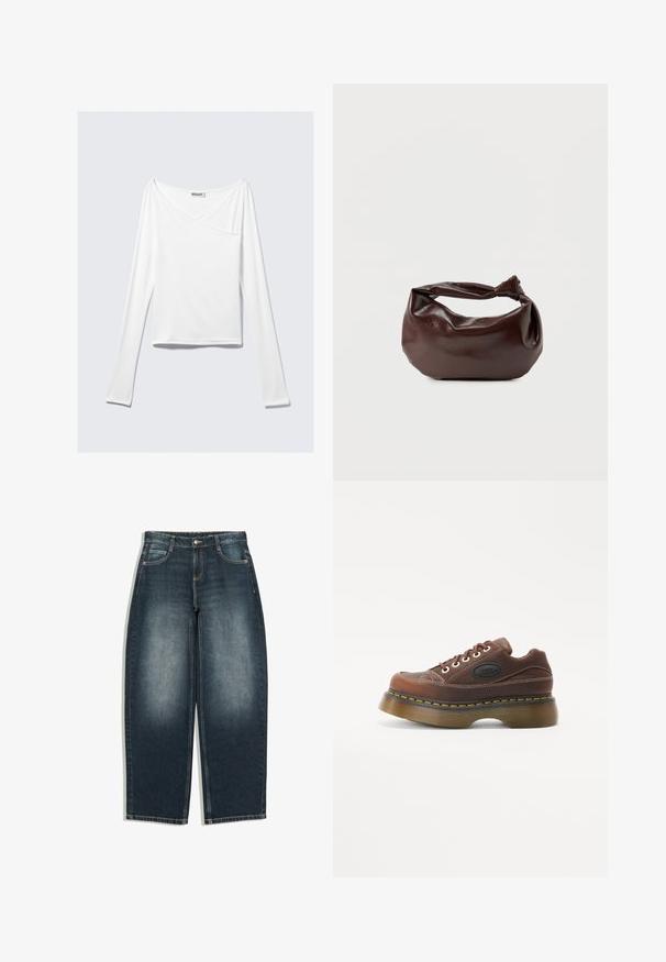 Haut blanc à manches longues avec un design croisé et une poche. Fabriqué dans un tissu lisse et extensible. Coupé dans une coupe décontractée et ample.; Jean bleu foncé à jambes larges avec légère décoloration sur l’avant des cuisses, cinq poches, fermeture par bouton et passants de ceinture, présenté à plat sur fond blanc.; Baskets plateformes en cuir marron avec une tige texturée, surpiqûres blanches, fermeture à lacets et accent jaune sur le bord de la semelle.; Sac bandoulière en cuir marron foncé avec une forme souple et décontractée et une anse nouée torsadée sur un fond blanc uni.