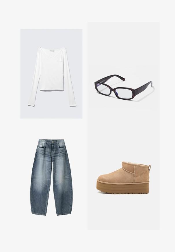 Haut blanc à manches longues avec un design croisé et une poche. Fabriqué dans un tissu lisse et extensible. Coupé dans une coupe décontractée et ample.; Jean large en denim bleu clair avec décoloration, présentant un design à cinq poches, un bouton de fermeture et des détails de couture minimaux.; Bottines en suede beige avec un intérieur moelleux, dotées d'une semelle compensée et d'une languette à l'arrière pour un enfilage facile. Semelle extérieure en caoutchouc texturé.; Lunettes rectangulaires en écaille de tortue brune avec des verres transparents et des branches épurées, présentant une texture lisse et un design minimaliste.