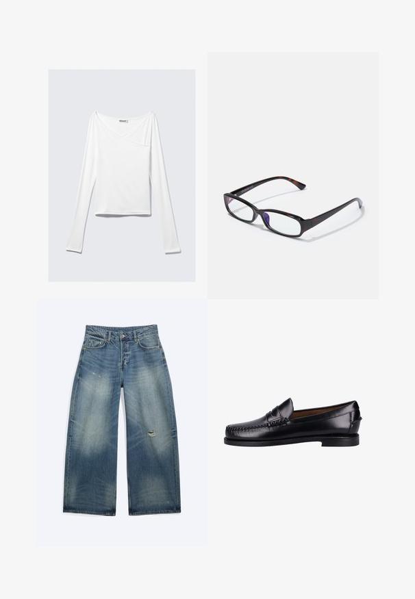 Top blanco de manga larga con diseño cruzado y un bolsillo. Fabricado en una tela suave y elástica. Con un corte casual y relajado.; Vaqueros de mezclilla azul de corte holgado con zonas descoloridas y un pequeño desgarro en el muslo derecho, con bolsillos delanteros y trabillas para cinturón.; Mocasines de cuero negro con un acabado suave, puntera redondeada, costura decorativa y un tacón bajo. El diseño es minimalista sin herrajes visibles.; Gafas rectangulares con un patrón de carey, armazón de plástico negro y lentes transparentes. Presentan patillas delgadas y una ligera curvatura en los extremos.