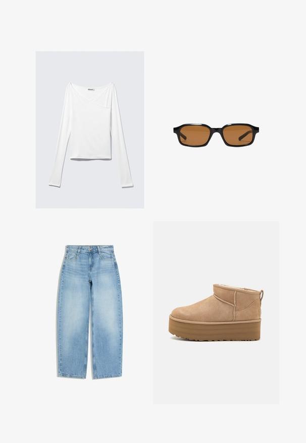 Haut blanc à manches longues avec un design croisé et une poche. Fabriqué dans un tissu lisse et extensible. Coupé dans une coupe décontractée et ample.; Jean large bleu clair avec poches avant, passants pour ceinture et fermeture par bouton sur fond blanc.; Bottines en suede beige avec un intérieur moelleux, dotées d'une semelle compensée et d'une languette à l'arrière pour un enfilage facile. Semelle extérieure en caoutchouc texturé.; Lunettes de soleil rectangulaires noires avec des montures épaisses et des verres teintés marron, vues de face sur un fond blanc.
