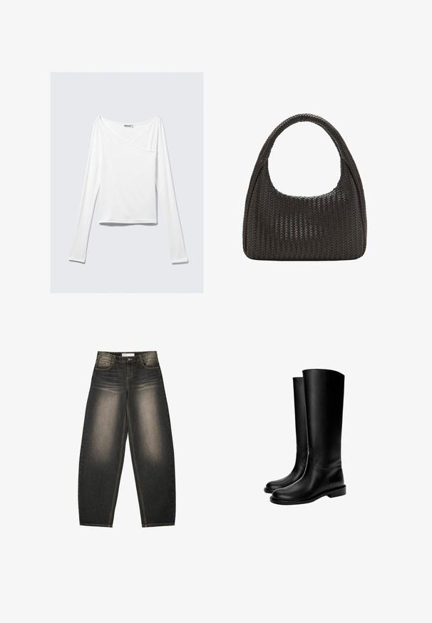 Weißes Langarmoberteil mit einem Überlappungsdesign und einer Tasche. Hergestellt aus einem glatten, elastischen Material. In einem lässigen, entspannten Schnitt.; Graue Denim-Jeans mit weitem Bein und leichter Ausbleichung, fünf Taschen, kontrastierenden Nähten und einer lockeren Passform. Keine sichtbaren Muster oder Verzierungen.; Schwarze knielange Lederstiefel mit glatter Textur, runder Zehenform, flacher Sohle und minimalistischem Design, mit genähten Nähten und ohne sichtbare Beschläge.; Schwarze geflochtene Ledertasche mit abgerundetem oberen Griff und Halbmondform.