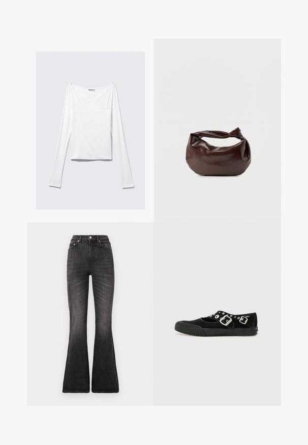 Top blanco de manga larga con diseño cruzado y un bolsillo. Fabricado en una tela suave y elástica. Con un corte casual y relajado.; Jeans negros acampanados con cintura alta, que cuentan con un cierre de botón metálico, diseño de cinco bolsillos y un leve desvanecimiento a lo largo de la textura de la tela.; Vans MARY JANE - Bailarinas - black; Bolso de hombro de cuero marrón oscuro con una forma suave y caída, y un asa con nudo torcido sobre un fondo blanco liso.