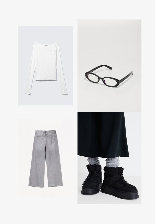 Weißes Langarmoberteil mit einem Überlappungsdesign und einer Tasche. Hergestellt aus einem glatten, elastischen Material. In einem lässigen, entspannten Schnitt.; Graue weite Jeans mit hoher Taille, ausgestattet mit einer glatten Textur, zwei Gesäßtaschen und dezenten Nähten.; Schwarze, gepolsterte Knöchelstiefel mit flachen Sohlen, Schnürsenkeln und auffälligen Nähten. Kombiniert mit grauen, gerippten Socken, die hervorlugen, und getragen zu einem dunklen Rock.; Einfache schwarze Brille mit klaren Gläsern, die über eine glatte Oberfläche und breite Bügel verfügen. Die Gläser haben einen dezenten lilafarbenen Farbton. Logo an der Seite.
