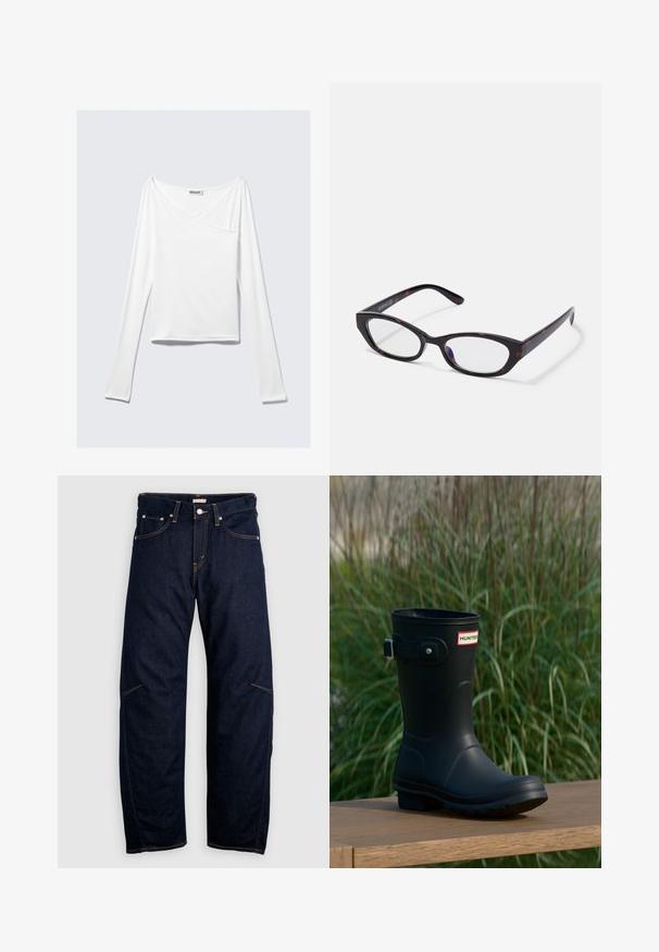 Haut blanc à manches longues avec un design croisé et une poche. Fabriqué dans un tissu lisse et extensible. Coupé dans une coupe décontractée et ample.; Jean en denim bleu foncé avec une coupe droite, doté de poches avant et arrière, et des coutures contrastantes jaunes. Aucune décoration visible.; Botte de pluie en caoutchouc noir avec une finition brillante, dotée d'une boucle argentée et d'un écusson de logo. La semelle est texturée pour une meilleure adhérence.; Lunettes de style œil de chat avec une monture en plastique écaille de tortue foncée et brillante, avec des branches courbées et des verres transparents. Marquage minimal sur le côté.