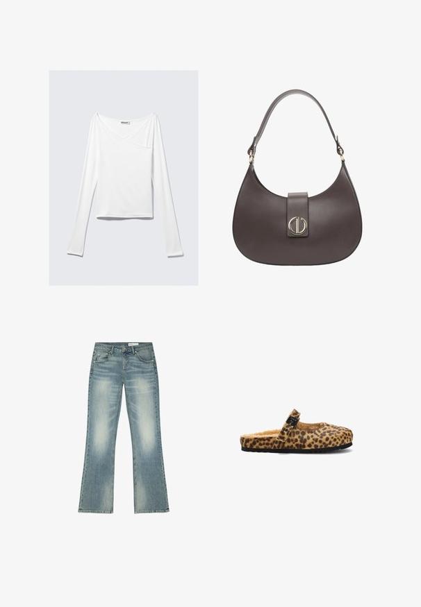 Witte long-sleeve top met een crossover ontwerp en een zak. Gemaakt van een gladde, rekbare stof. Geknipt in een casual, relaxte pasvorm.; Blauwe vergeelde jeans met rechte pijpen, knoop en rits aan de voorkant, riemlussen en vijf zakken, plat gelegd op een witte achtergrond.; Slingback pantoffel met luipaardprint, een zachte binnenkant, een ronde neus en een decoratieve zwarte gesp. Zwarte rubberen zool met textuur.; Leren schoudertas in donkergroen met een gebogen vorm, voorzien van een voorflap en een cirkelvormige gouden hardwareaccent. Zachte textuur.