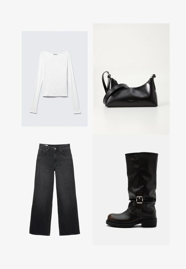 Weißes Langarmoberteil mit einem Überlappungsdesign und einer Tasche. Hergestellt aus einem glatten, elastischen Material. In einem lässigen, entspannten Schnitt.; Schwarze Jeans mit weitem Bein und hoher Taille, vorne mit Knopf- und Reißverschluss, Gürtelschlaufen und Fünf-Taschen-Design.; Hoher schwarzer Lederstiefel mit abgerundeter Spitze, niedrigem Absatz, seitlichem Schnallenriemen und leicht geschliffenem Schaft auf weißem Hintergrund.; Schwarze lederne Handtasche mit glatter Textur. Verfügt über einen verstellbaren Riemen und ein elegantes, minimalistisches Design mit einem Reißverschluss.