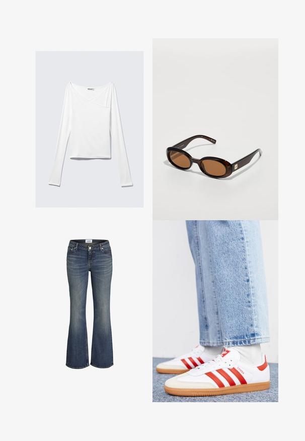 Witte long-sleeve top met een crossover ontwerp en een zak. Gemaakt van een gladde, rekbare stof. Geknipt in een casual, relaxte pasvorm.; Blauwe vervaagde flare jeans met knopen aan de voorkant, vijf zakken en een zichtbaar merkembleem op de tailleband.; Witte leren sneakers met rode strepen en accenten. Voorzien van een getextureerde gumrubberen outsole en een gevoerde kraag. Draag ze met lichtblauwe denim.; Bruine schildpadzonnebril met ovale lenzen, met een dunne montuur en een kleine metalen accent aan de zijkant. Geverfd en gepolijst afwerking.