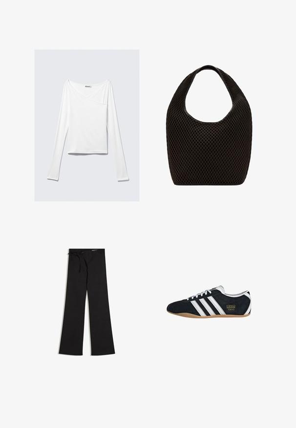 Haut blanc à manches longues avec un design croisé et une poche. Fabriqué dans un tissu lisse et extensible. Coupé dans une coupe décontractée et ample.; Pantalon large noir à texture côtelée avec un détail à lacets à la taille, présenté sur un fond blanc.; Sneakers en suede noir avec trois bandes blanches, logo doré et semelle en caoutchouc marron. Présente un design à lacets à profil bas.; Sac cabas noir en maille à tissage ouvert avec poignée supérieure arrondie et corps large et incurvé.
