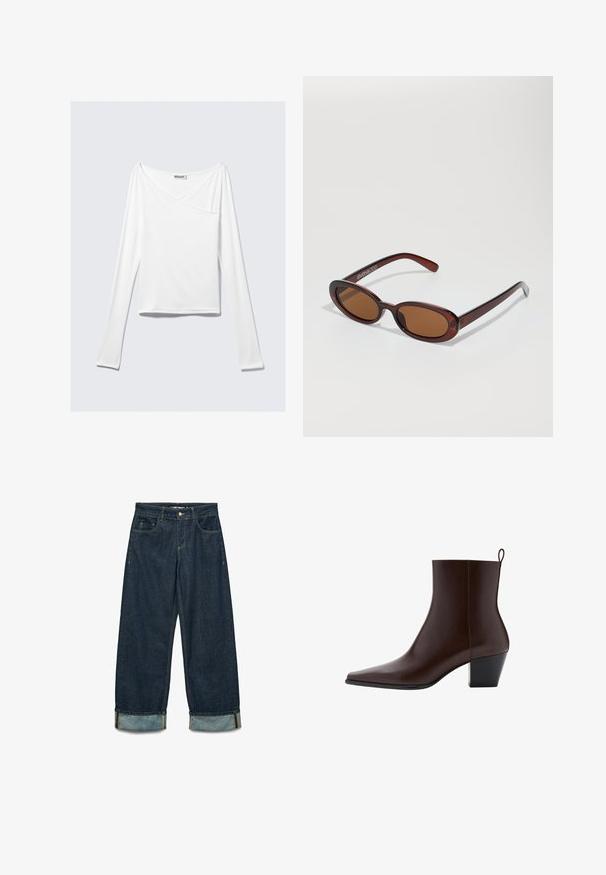 Top blanco de manga larga con diseño cruzado y un bolsillo. Fabricado en una tela suave y elástica. Con un corte casual y relajado.; Pantalones de mezclilla en azul oscuro con un corte holgado, que cuentan con puños enrollados, cinco bolsillos y detalles de costura en contraste.; Botín de cuero marrón oscuro con puntera puntiaguda, tacón bajo de bloque y tira para tirar en la parte trasera sobre fondo blanco.; Gafas de sol redondas con tinte marrón y un marco burdeos brillante. Patillas delgadas con un sutil detalle de marca. Diseño de lentes planos.