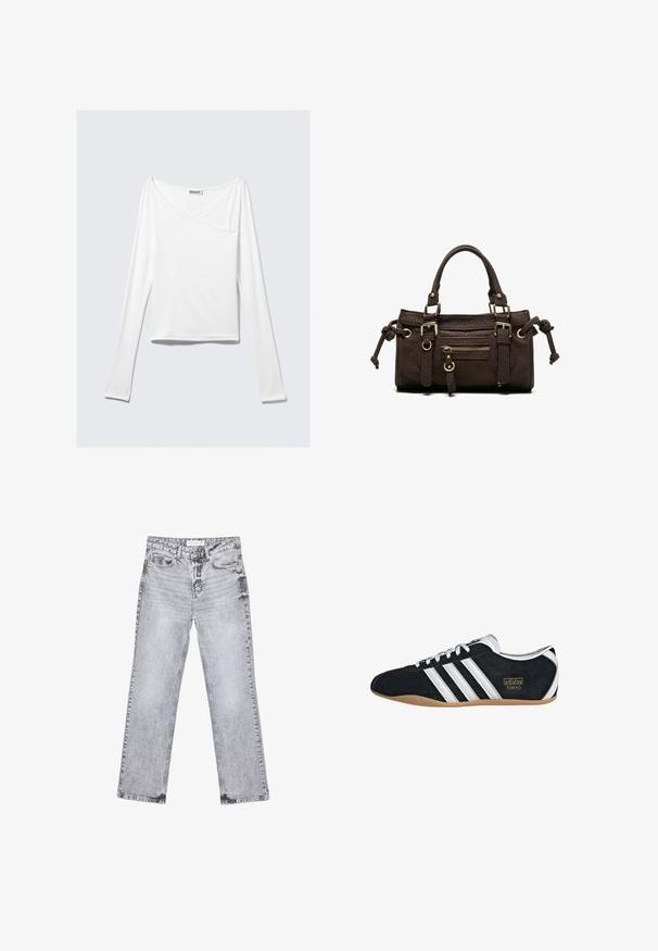 Haut blanc à manches longues avec un design croisé et une poche. Fabriqué dans un tissu lisse et extensible. Coupé dans une coupe décontractée et ample.; Jean en denim gris avec une coupe droite, des détails déchirés, cinq poches et des rivets en cuivre. La ceinture présente une étiquette de logo.; Sneakers en suede noir avec trois bandes blanches, logo doré et semelle en caoutchouc marron. Présente un design à lacets à profil bas.; Sac à main en cuir marron foncé avec double poignée, poche avant zippée, boucles décoratives et nœuds latéraux sur fond blanc.