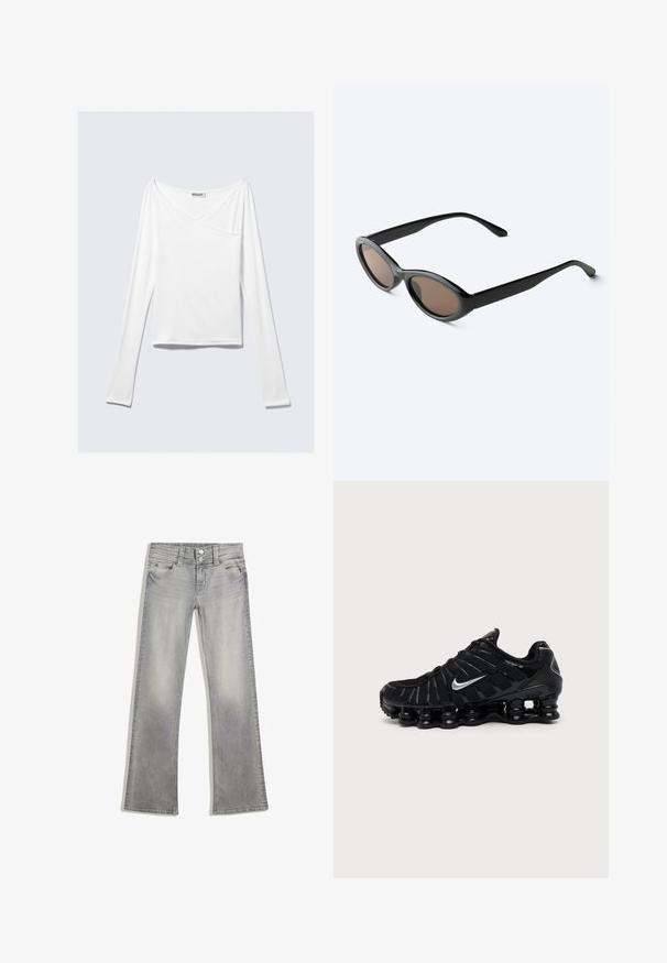Haut blanc à manches longues avec un design croisé et une poche. Fabriqué dans un tissu lisse et extensible. Coupé dans une coupe décontractée et ample.; Jeans flare en denim gris avec une finition délavée, dotés d'une fermeture à bouton, de cinq poches et de coutures le long de la taille et de l'ourlet.; Chaussure de sport Nike noire avec logo Swoosh argenté, tige en mesh et synthétique, et semelle coussinée segmentée distinctive.; Lunettes de soleil noires à monture ovale avec verres teintés foncés, montrées légèrement en angle sur une surface blanche.